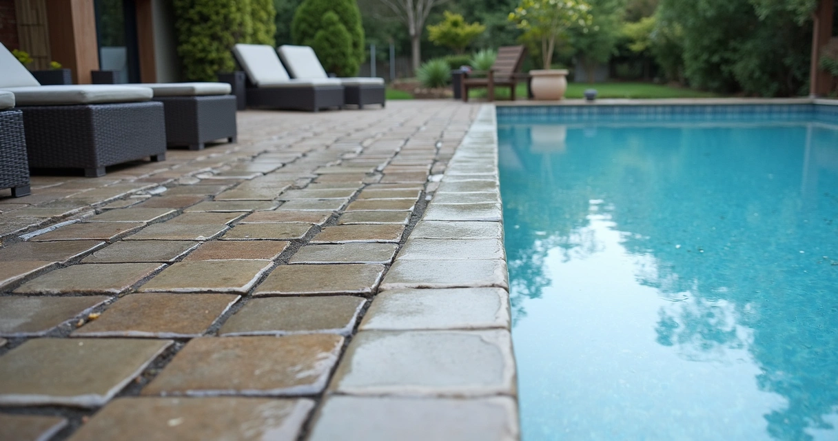 Brick pool deck pavers drying after sealant application, overcast light