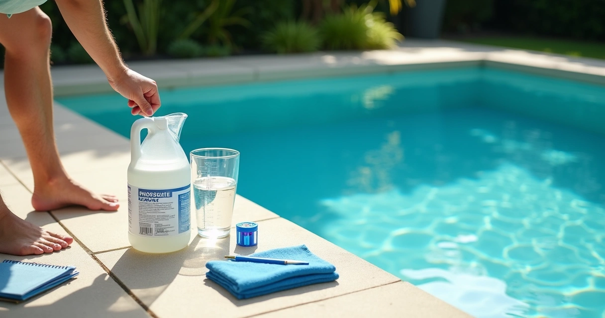 Pool owner adding phosphate remover while testing water beside clear backyard pool 