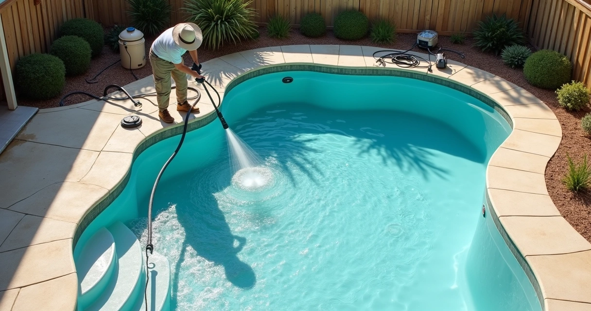 Overhead view of pool worker pressure washing empty pool floor 