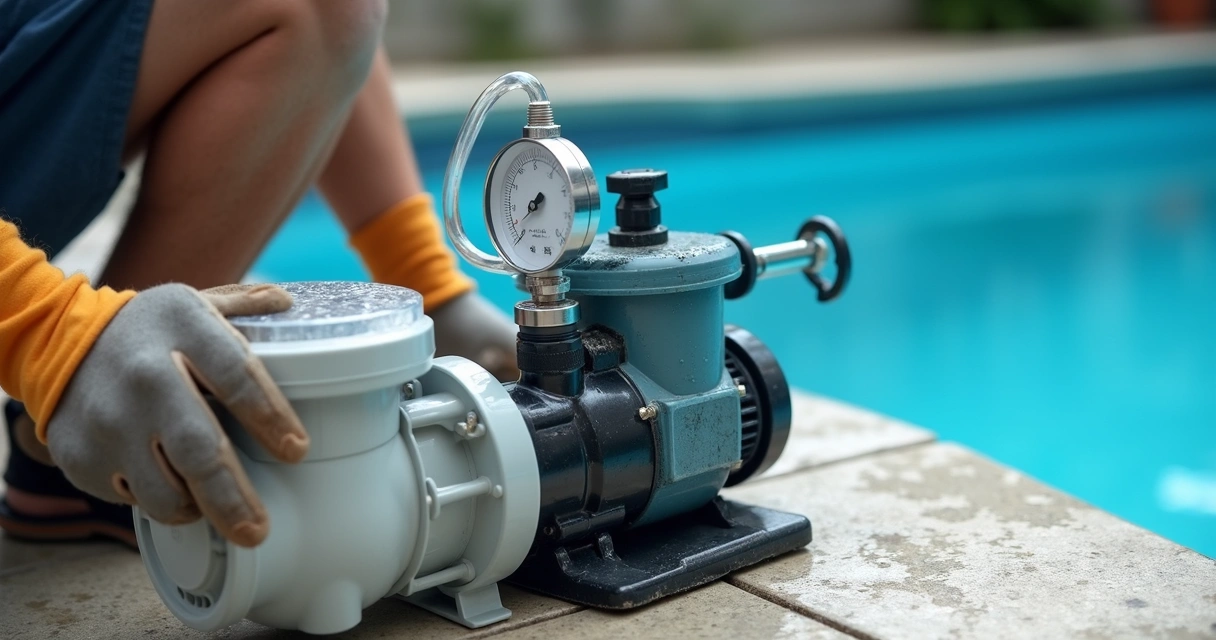 Pool pump and filter being inspected beside a backyard pool 