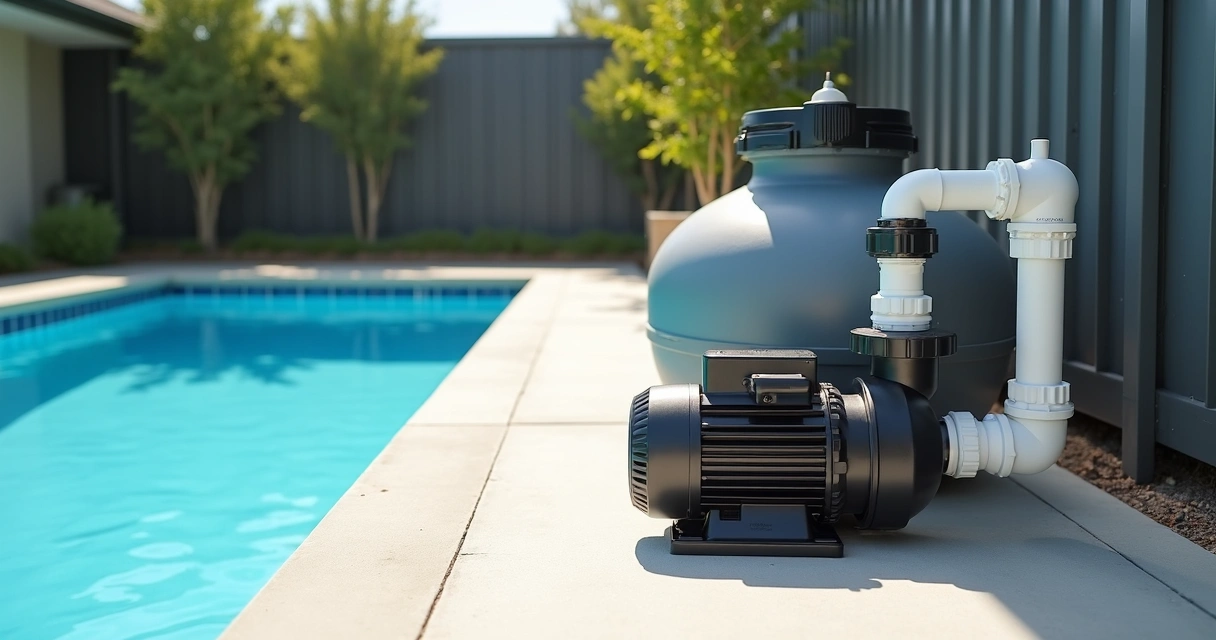 Pool pump and filter system beside a backyard pool