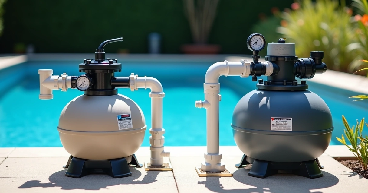 Pool pump connected to sand and cartridge filter systems side by side 