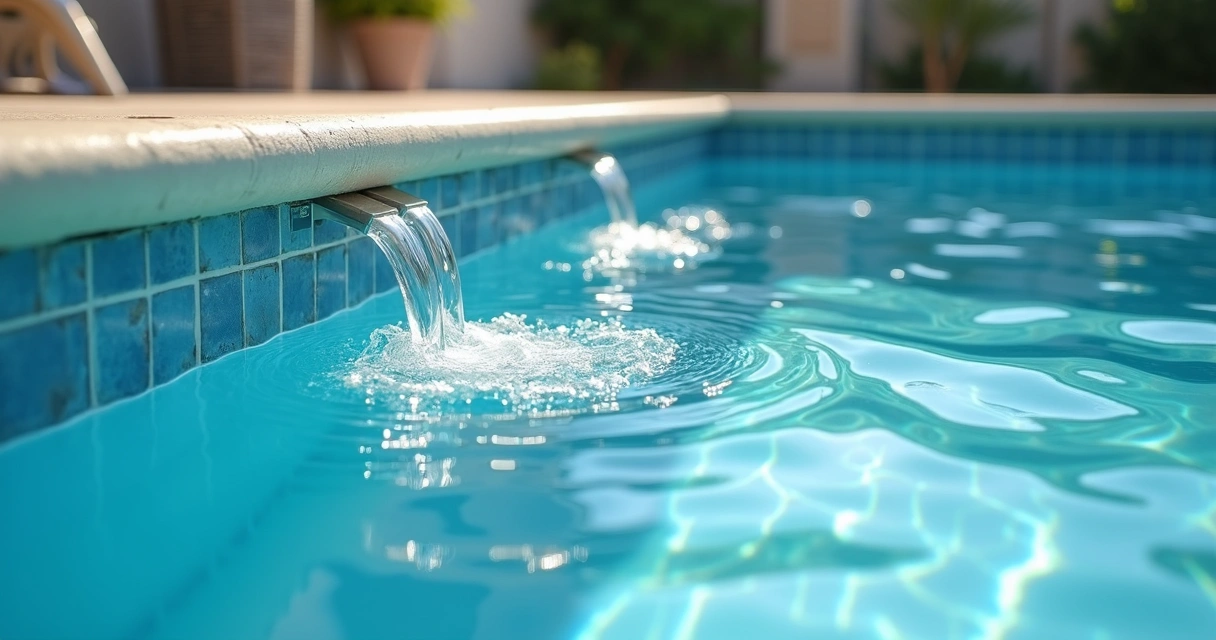 Pool return jets creating ripples across clear water 