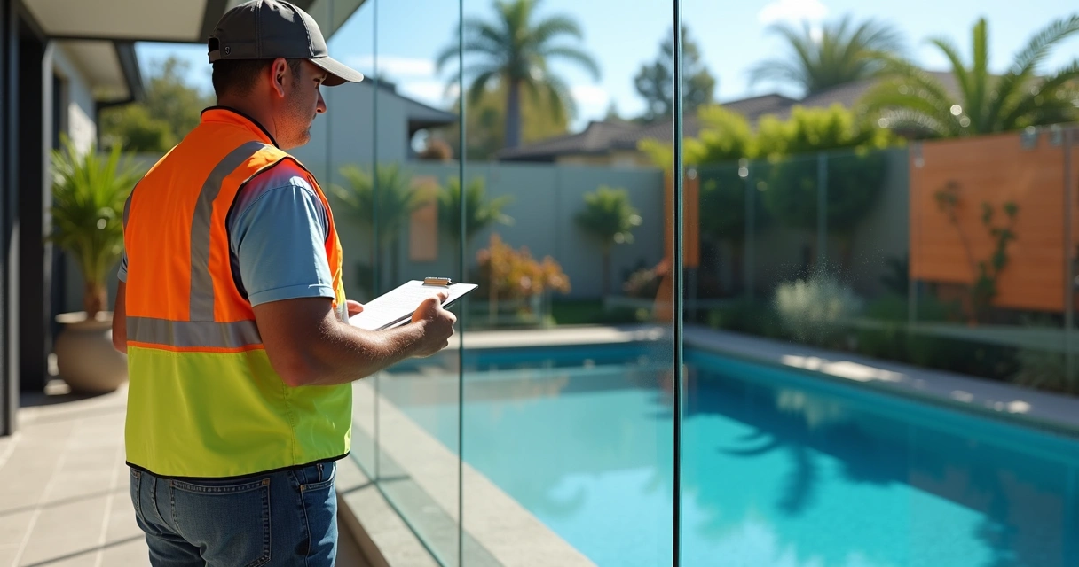 Inspector examining pool barrier fence for safety in backyard
