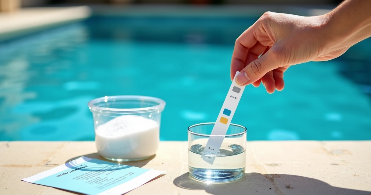 Salt test strip beside a pool water sample