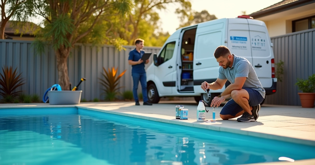 Pool owner comparing DIY tools to pro service van at backyard pool 