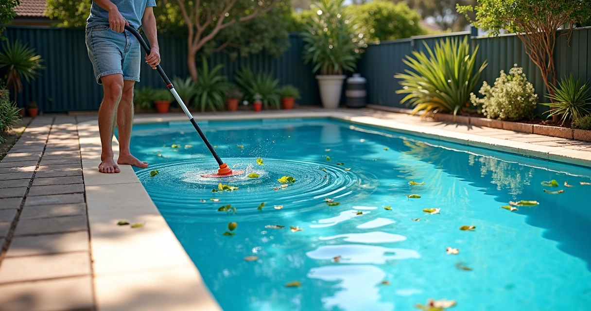 Pool owner skimming and brushing a backyard pool