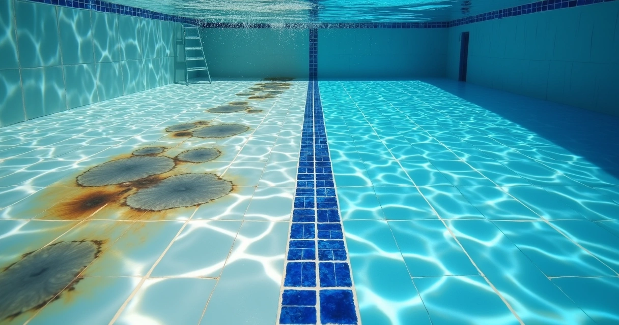 Split view of stained pool floor transforming into clean blue surface 