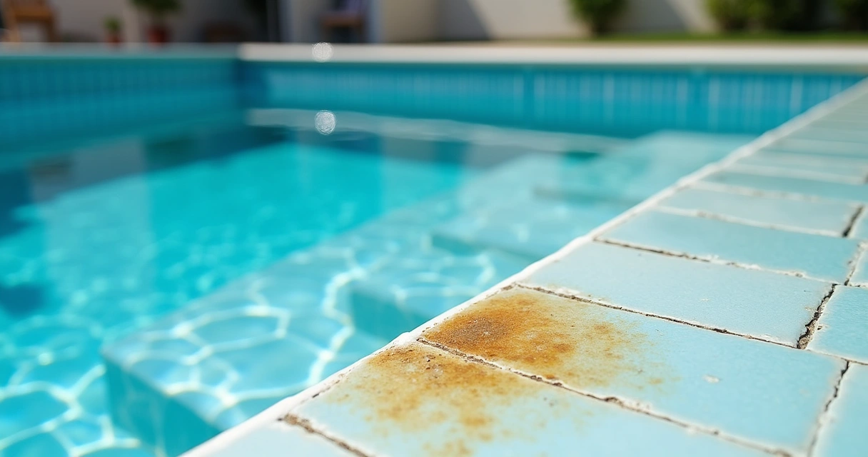 Blue pool step with visible metal stain near the waterline 