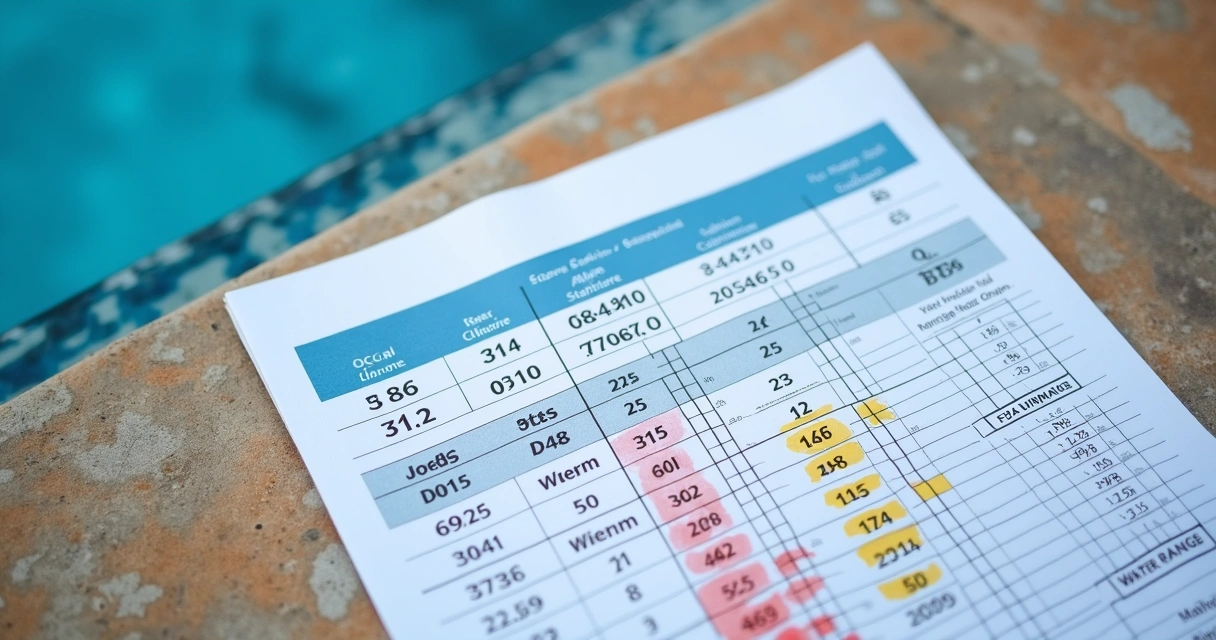 Swimming pool water test printout with highlighted chlorine and pH values 