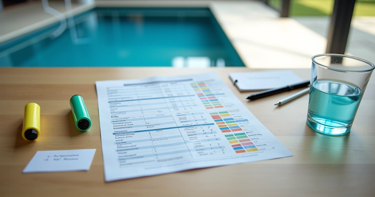 Printed pool test results sheet on kitchen counter with highlighters and clear blue pool outside window 
