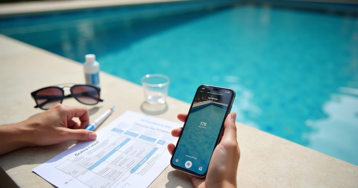Phone scanning printed pool test results beside a backyard pool
