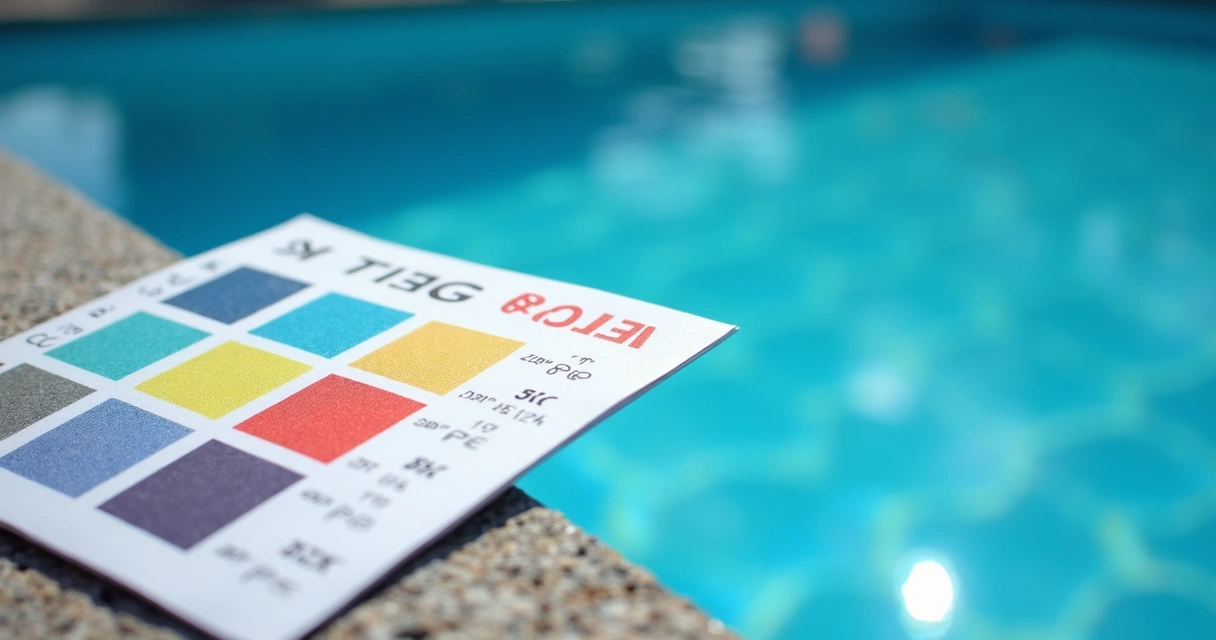 Pool water test kit with color chart on pool edge 