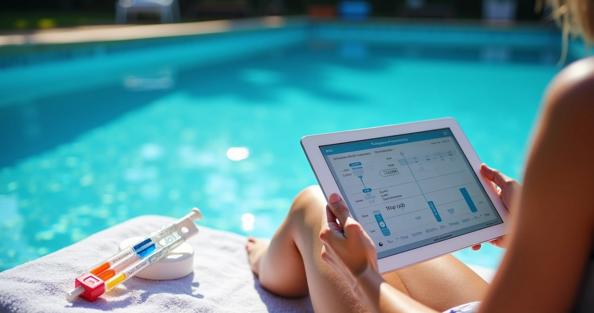 Swim coach recording pool test results with tablet next to pool 