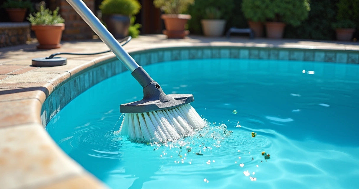 Person scrubbing pool wall with telescopic brush, blue water, patio visible