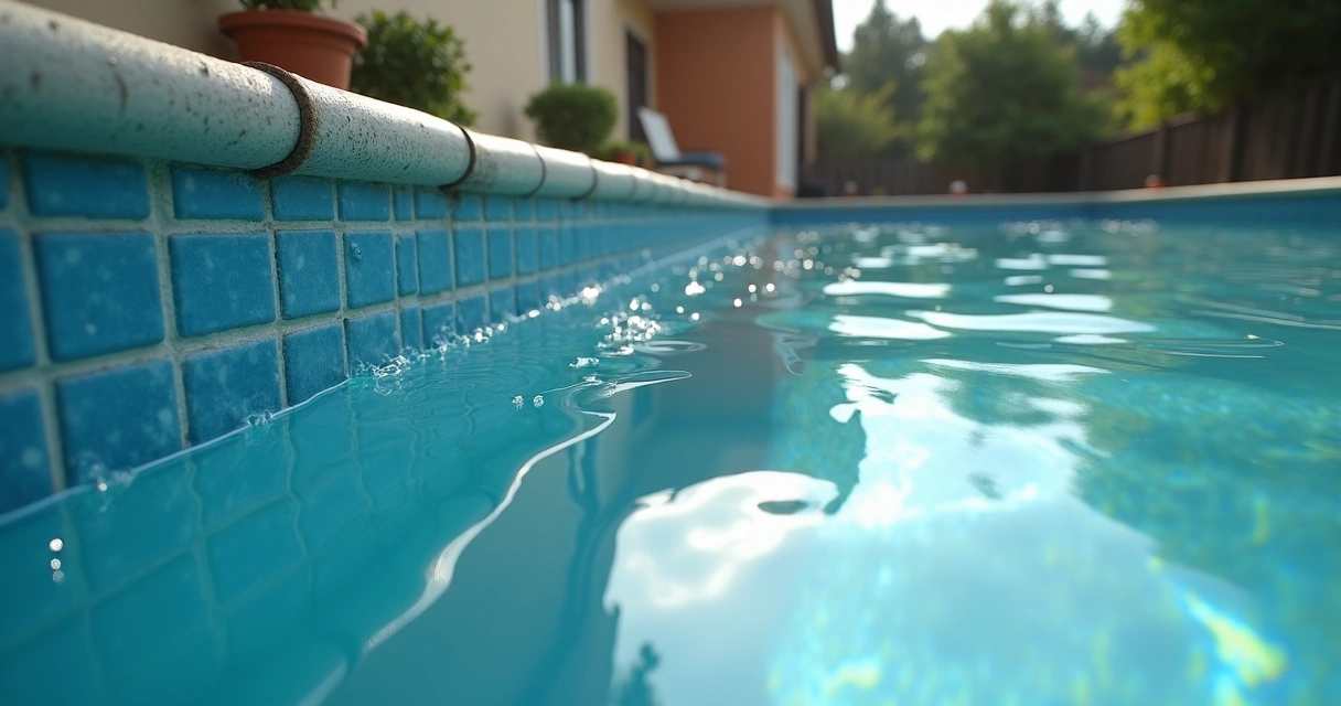Cloudy swimming pool water with scale on tiles 