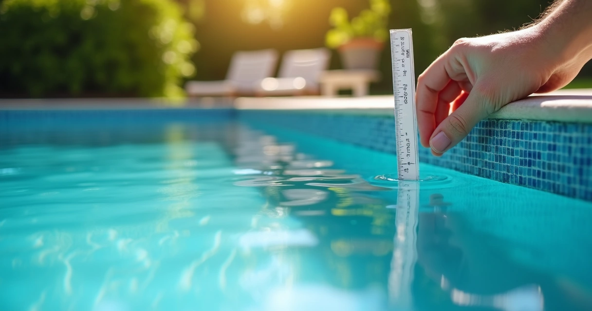 Checking pool water level with a ruler after leak fix 