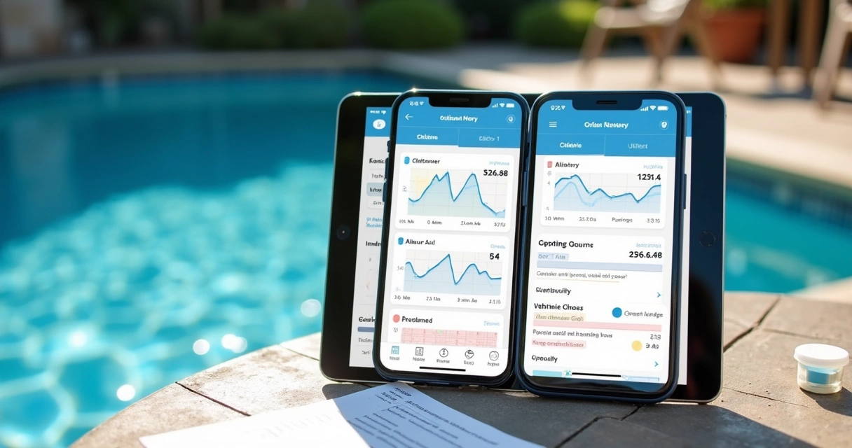 Pool test history shown in an app beside a backyard pool 