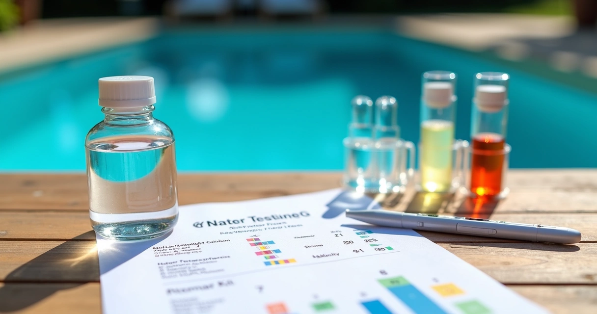 Comparative pool water test setup on table with strips, digital reader and bottled sample 
