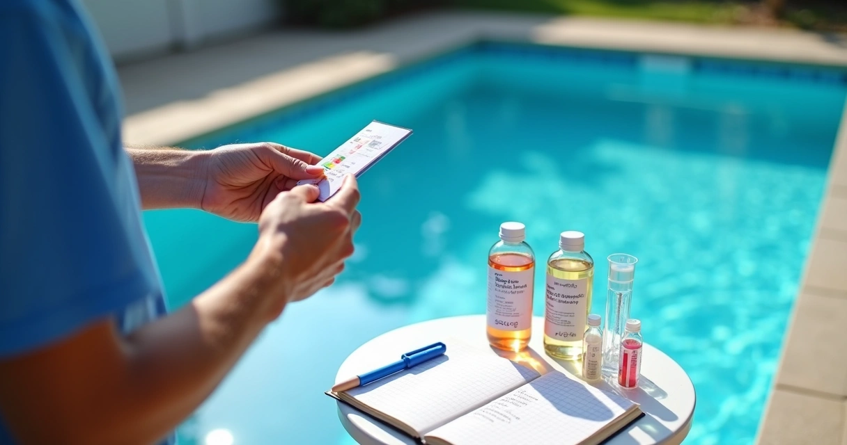 Pool owner comparing strip and liquid water tests by the pool 