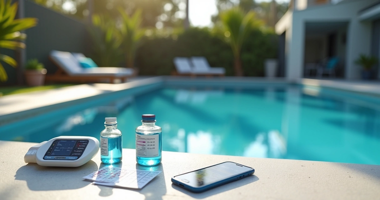 Pool water test kit beside a backyard pool in Brisbane 