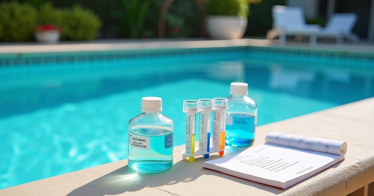 Pool test kit beside clear blue pool water 