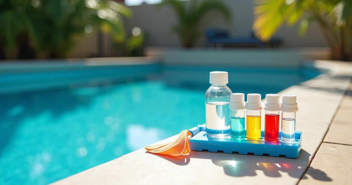 Pool test kit beside a backyard pool in sunlight 