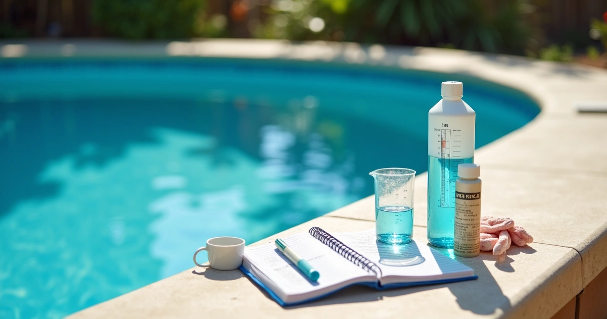 Pool water test kit beside a sunlit backyard pool
