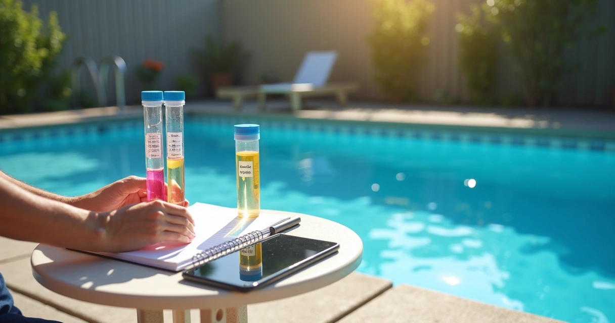 Pool owner testing chlorine levels with a water kit by the pool 