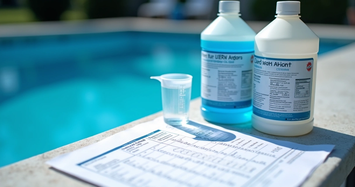 Pool water test printout beside chemical containers 