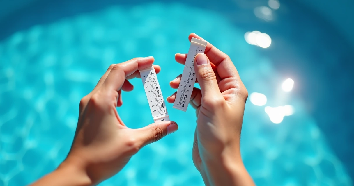 Testing pool water with color strips and clear water sample 