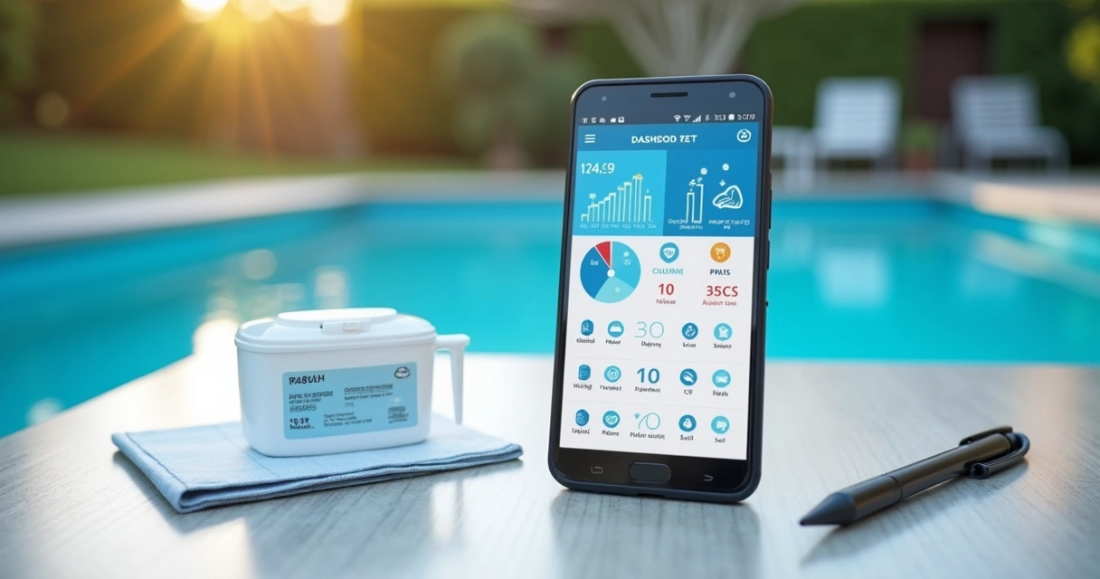 Pool test results being tracked on a phone beside a pool