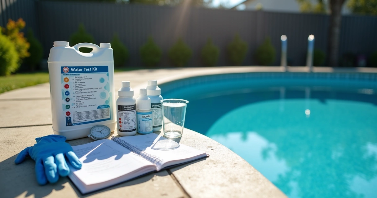 Pool test kit and chemical bottles beside a backyard pool 