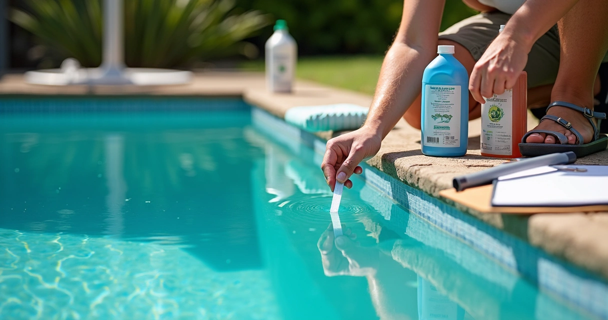 Person using pool test kit at edge of pool