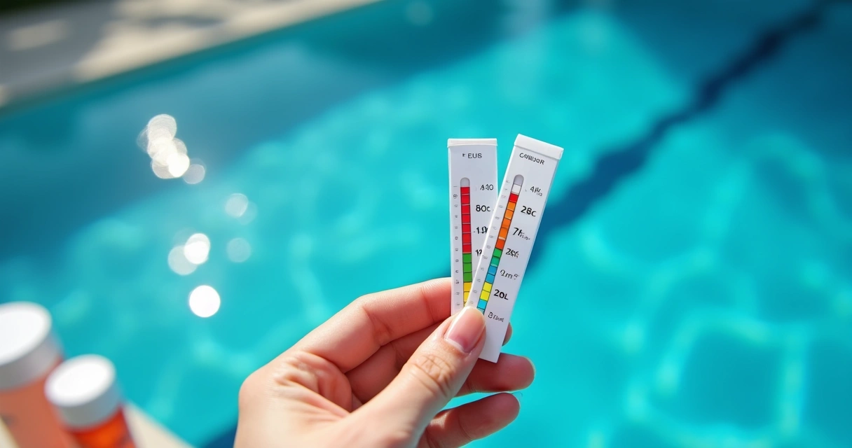 Hand testing pool water with test kit, clear blue pool background