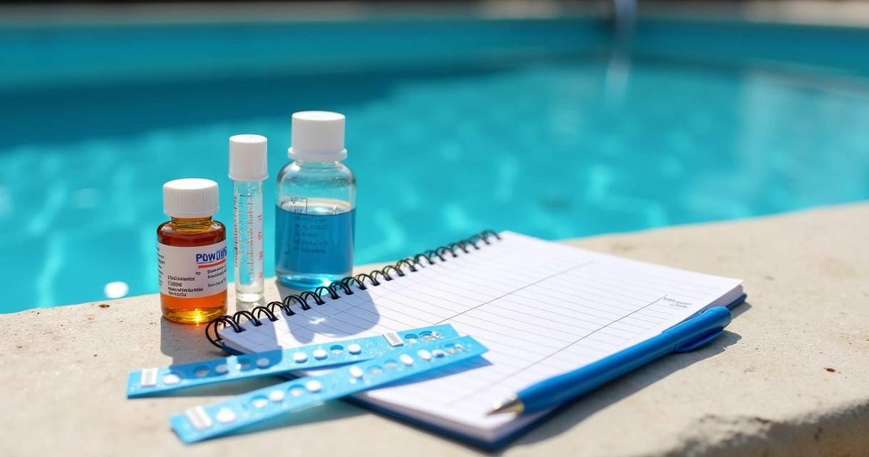 Pool water testing kit beside clear blue pool 