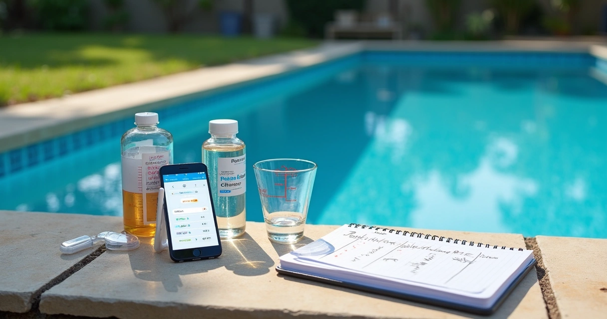 Pool test kit and maintenance notes beside a backyard pool 