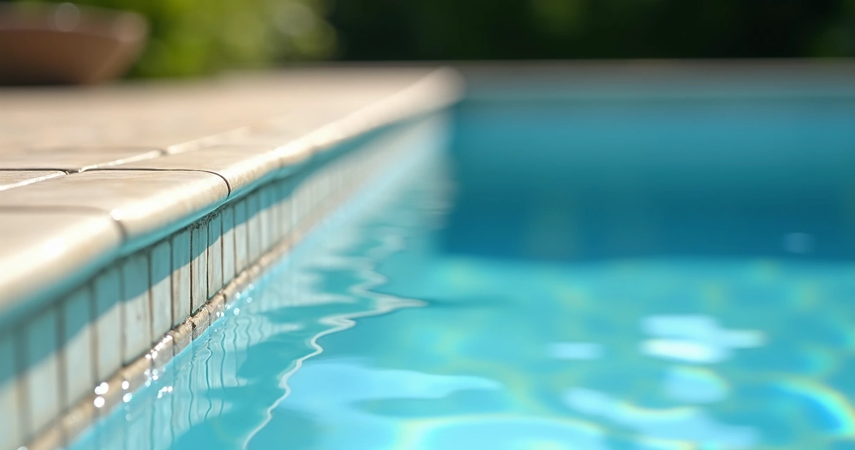 Pool tile line with visible scum and hazy water