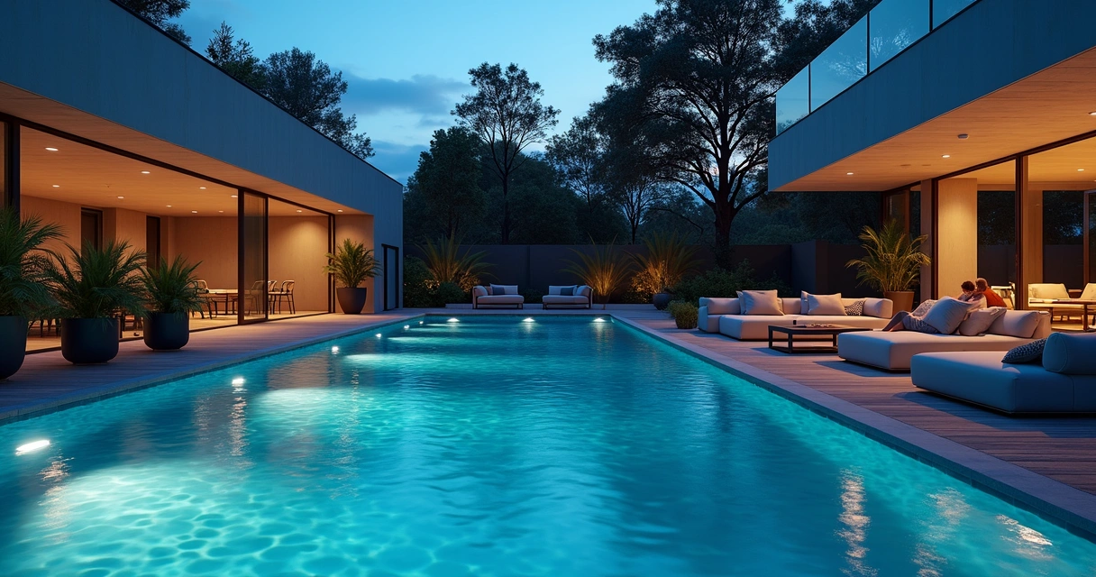 Poolside lounge area with hidden outdoor speakers and smart lighting after sunset 