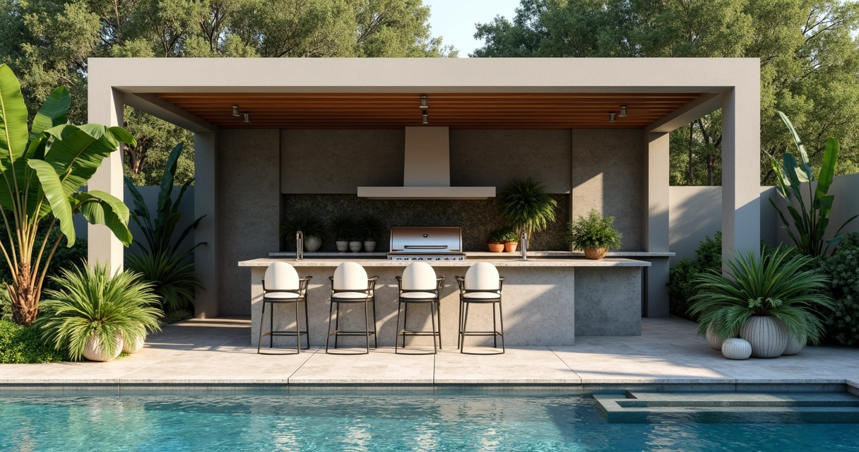 Outdoor kitchen with pool and shaded dining patio 