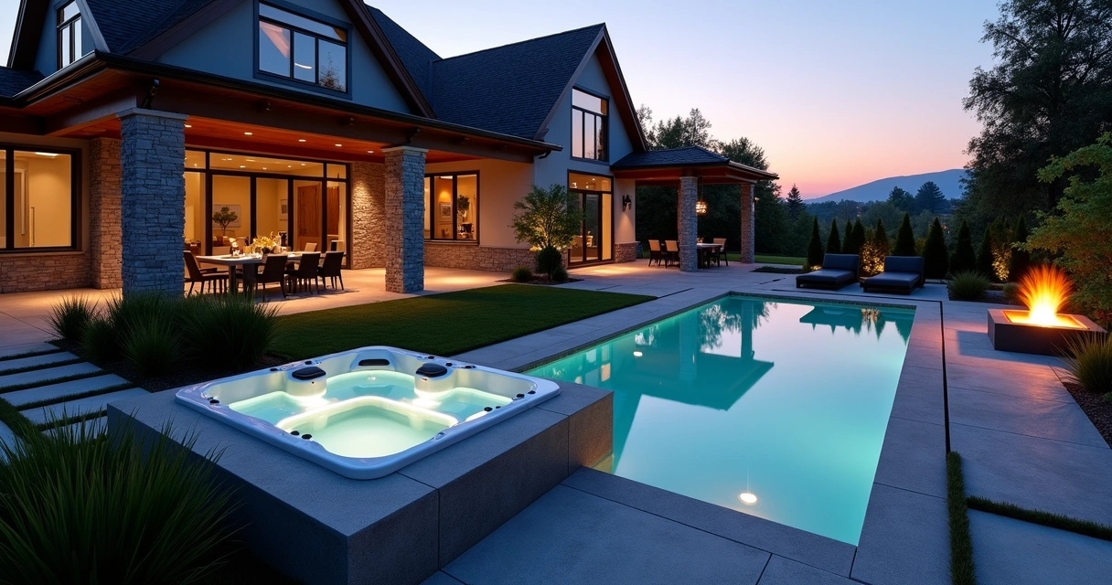Poolside hot tub illuminated in the evening with nearby fire pit and plants 