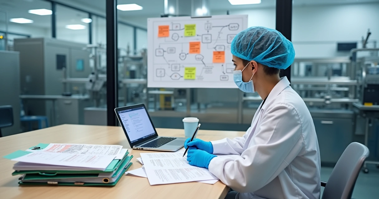 Engenheiro de alimentos elaborando POPs ao lado de linha de produção de alimentos 