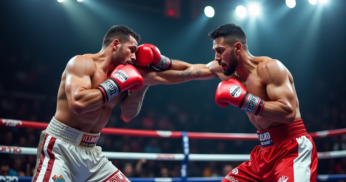 Popó defendendo golpe lateral em um ringue de boxe, público ao fundo 