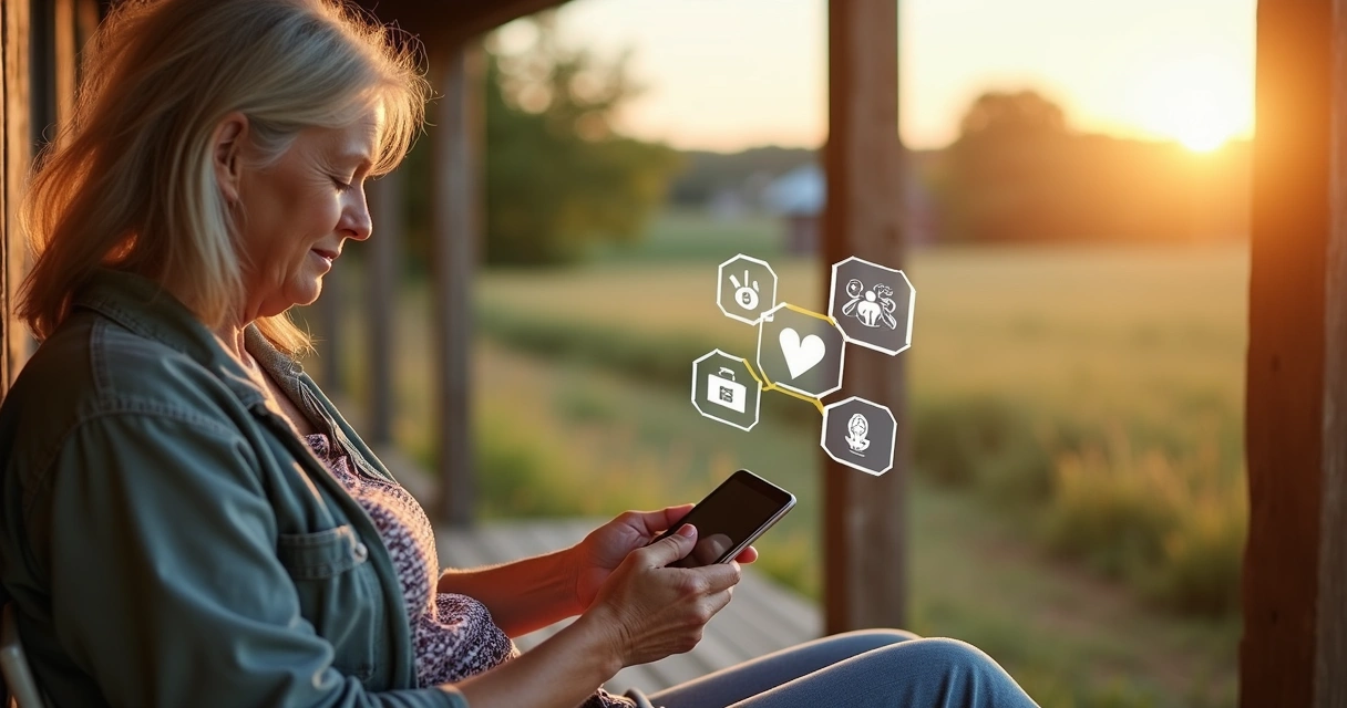 Paciente em área rural utilizando tablet para consulta médica 