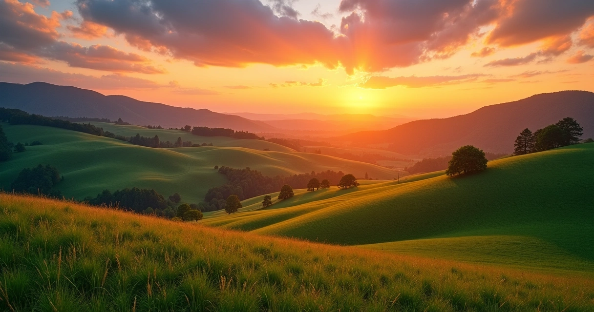 Pôr do sol iluminando um campo e montanhas ao fundo 