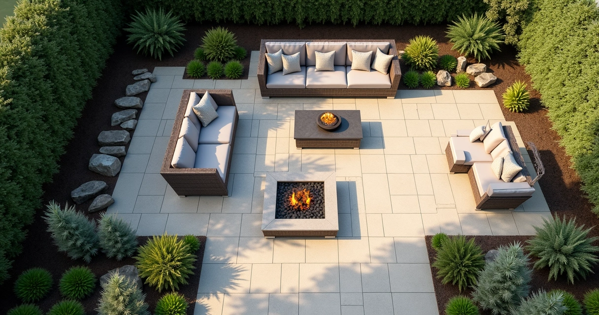 Porcelain paver patio with outdoor furniture 