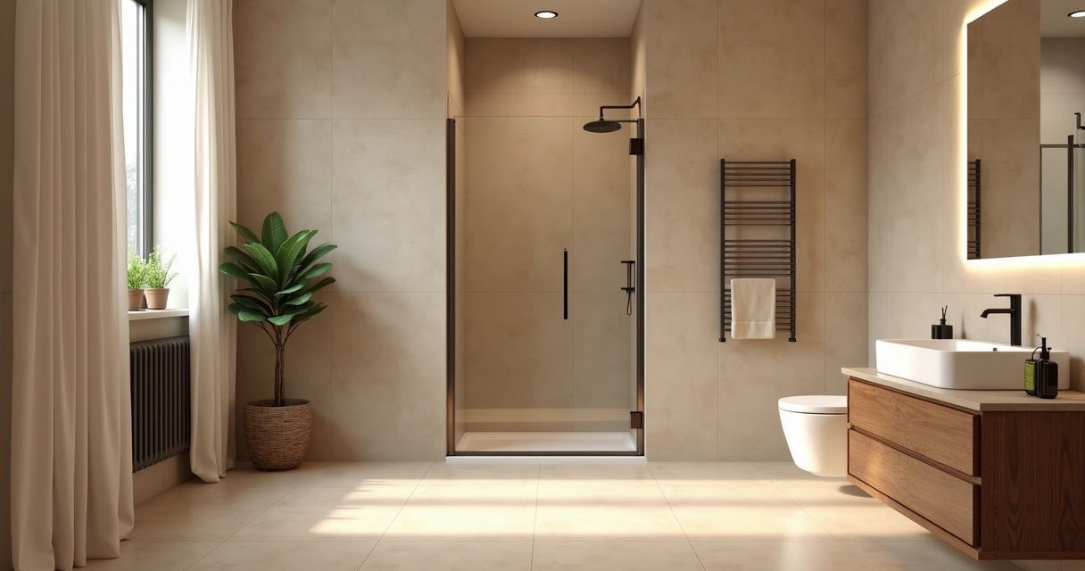 Banheiro moderno com porcelanato bege e bancada de madeira