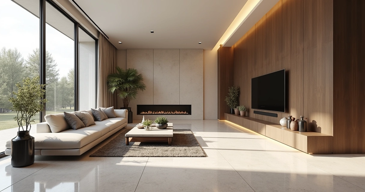 Sala moderna com piso de porcelanato brilhante, móveis sofisticados e iluminação natural. 