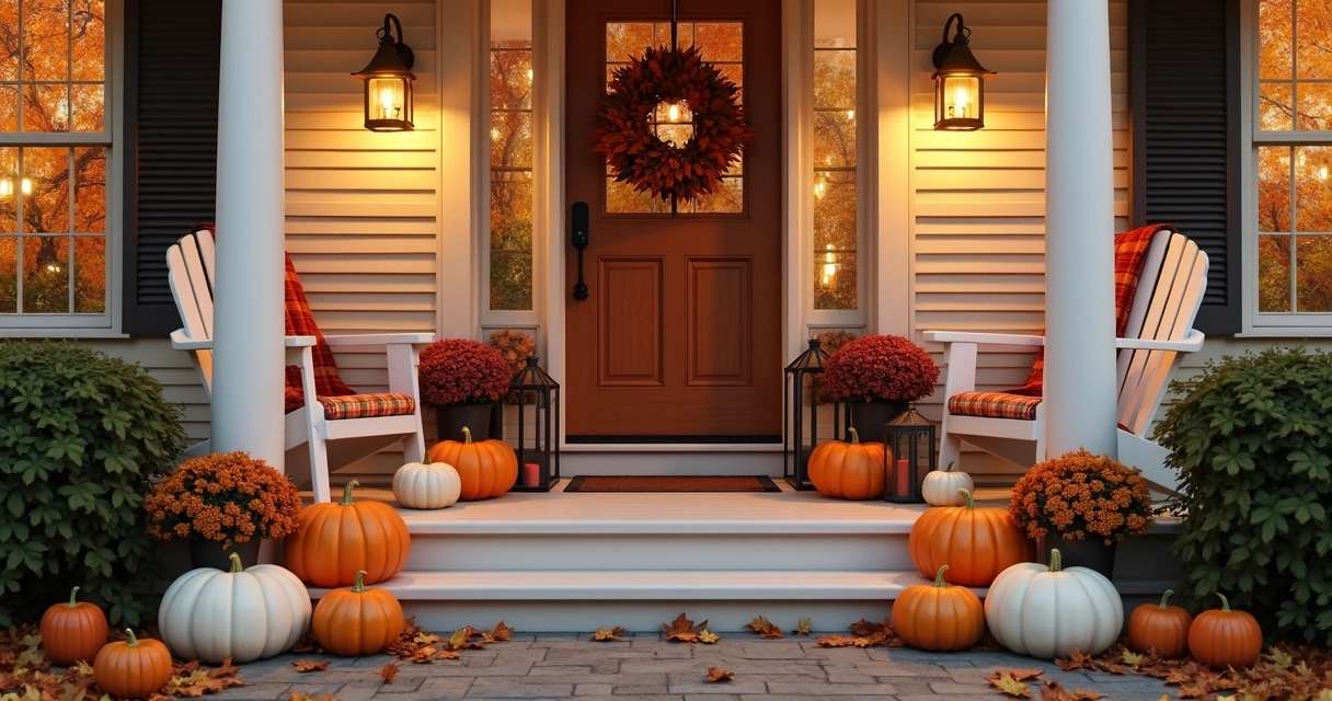 Front porch decorated for Thanksgiving with pumpkins, lanterns, and autumn wreath