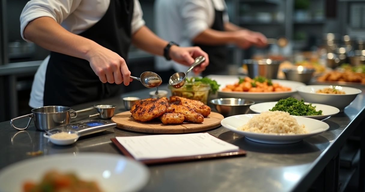 Cozinheiro pesando porções na bancada 